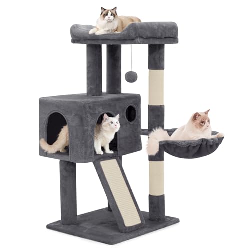 MoNiBloom Katzenbaum, 91.4 cm Katzenbaum Turm mit Katzenhütte, Kleiner Katzenturm mit Kratzbaum & Sisalüberzogenem Kratzbrett, Katzenkletterturm mit Hängematte, Katzenbaum für Indoor Katzen, Rauchgrau von MoNiBloom