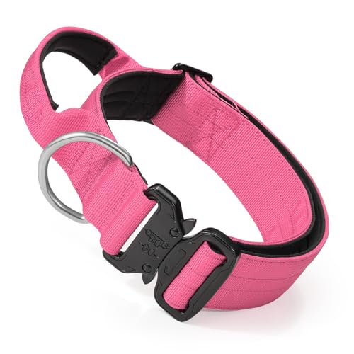 MoNiBloom Taktisches Hundehalsband mit Griff, 3,8 cm breit, strapazierfähig, Militär-Halsband für mittelgroße und große Hunde, Spazierengehen, Training, Laufen, Rosa von MoNiBloom