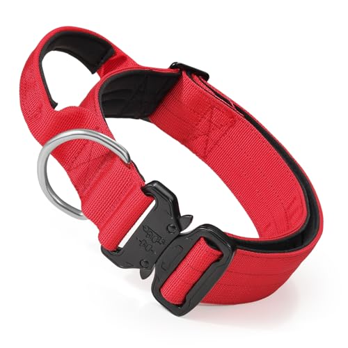 MoNiBloom Taktisches Hundehalsband mit Griff, 3,8 cm breit, strapazierfähig, Militär-Halsband für mittelgroße und große Hunde, Spazierengehen, Training, Laufen, Rot von MoNiBloom