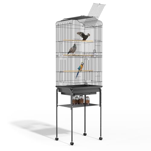 MoNiBloom Vogelkäfig mit abnehmbarem Rollständer, 154 cm, großer Flugkäfig mit seitlicher Ablage für Sittiche, Kanarienvögel, Nymphensittiche, Lovebirds Conures, Schwarz von MoNiBloom