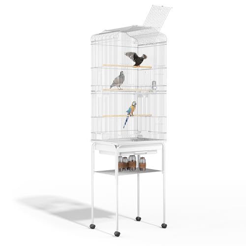 MoNiBloom Vogelkäfig mit abnehmbarem Rollständer, 154 cm, großer Flugkäfig mit seitlicher Ablage für Sittiche, Kanarienvögel, Nymphensittiche, Lovebirds Conures, Weiß von MoNiBloom