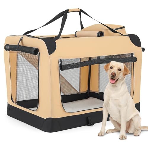 MoNiBloom Weiche Reise-Hundebox mit Tragetaschen und Matte, 3 Türen, weiche Seiten, kaufestes Netzgewebe für Camping, Beige von MoNiBloom