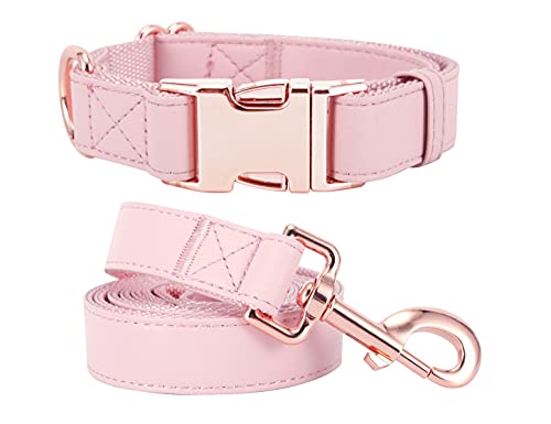 Hundehalsband und Leine, Hunde Halsbänder. Weiches und leicht zu reinigendes veganes Leder mit rotgoldener Metallschnalle für kleine, mittelgroße und große Hunde (rosa, M (35,1 cm - 50 cm)) von MoTaity