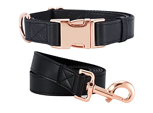 Hundehalsband und Leine. Weiches und leicht zu reinigendes, veganes Leder mit rotgoldener Metallschnalle für kleine, mittelgroße und große Hunde (Schwarz, Größe M (35,1-50 cm) von MoTaity