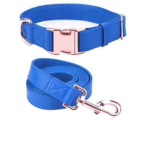 Hundehalsband und Leine. Weiches und leicht zu reinigendes veganes Leder mit rotgoldener Metallschnalle für kleine, mittelgroße und große Hunde (dunkelblau, L (39,1 cm - 63 cm) von MoTaity