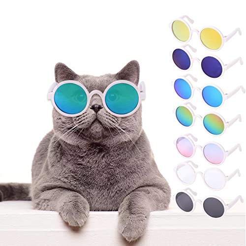 7 STÜCKE Haustier Runde Sonnenbrille Teddy Hund Persönlichkeit Leicht Mehrfarbig Niedlich Brille Fotografie Requisiten Hund Katze Cosplay Party Kostüm Foto Requisiten (Mischfarbe) bunt reflektierend von Mochalight