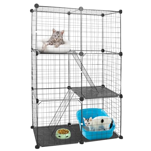 Katzenkäfig mit 3 Etagen für den Innenbereich, DIY Katzenlaufstall und Catio mit abnehmbarem Eisenrohr-Design, 71 x 35 x 107 cm, inklusive 3 Türen und 2 Leitern, perfekt für 1–2 Katzen, langlebiges von Moclever