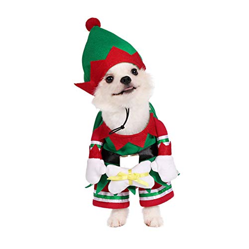 Mogoko Weihnachts-Elfenkostüm, für Hunde und Katzen, lustiges Cosplay-Kleid mit Kappe, Fleece-Outfits, warme Kleidung für Weihnachten (Größe M) von Mogoko