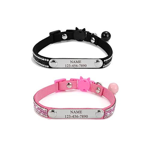 Mogokoyo 2er Pack Glöckchen Katzenhalsband mit Namen und Telefonnummer Personalisiert Reflektierend Katzenhalsband mit Sicherheitsverschluss Verstellbar Halsband für Katze (Stil 2- Schwarz&Rosa) von Mogokoyo