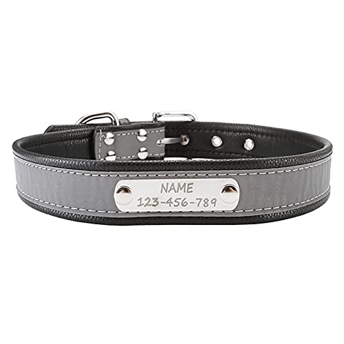 Mogokoyo Personalisiert Hundehalsband Leder Halsband Große Hunde Breit mit Name Reflektierende Eisenes Schild Verstellbar Hundehalsbänder Haustier Geschenk für Hunde und Katzen Schwarz 2XL von Mogokoyo