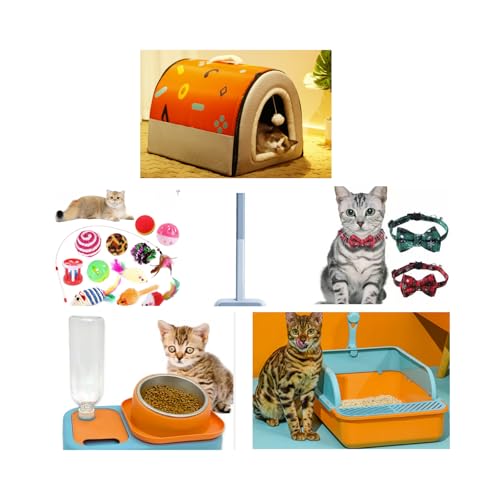 Katzen-Starter-Kits, Kitten-Starter-Kits, Katzen-Starterpaket, sparen Sie Zeit beim Suchen, Futterspender und Wassernäpfen, Katzenklo, Katzenhaus, Katzenbett, Katzenspielzeug mit Fellentfernerrolle von Mogozone