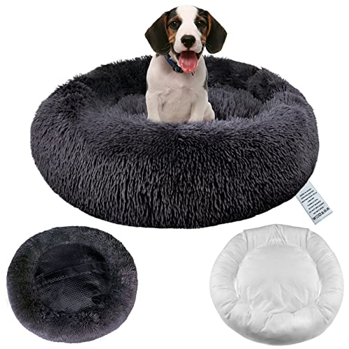 Beruhigendes Hundebett mit abnehmbarem Bezug, waschbar, Donut-Anti-Angst-Hundebetten, weich, rund, kuschelig, Plüsch, gemütlich, warm, 60 cm, Dunkelgrau von Moistu