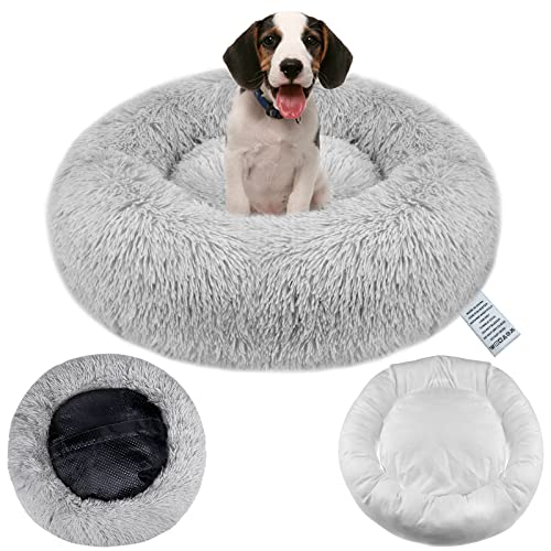 Beruhigendes Hundebett mit abnehmbarem Bezug, waschbar, Donut-Anti-Angst-Hundebetten, weich, rund, kuschelig, Plüsch, gemütlich, warm, 60 cm, Hellgrau von Moistu