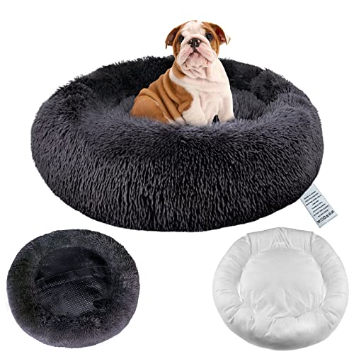 Beruhigendes Hundebett mit abnehmbarem Bezug, waschbar, Donut-Anti-Angst-Hundebetten, weiches, rundes Kuschel-Katzenbett, flauschiges Plüsch, bequemes, 80 cm, Dunkelgrau von Moistu