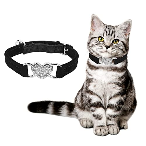 Molain Heart Bling Katzenhalsband, verstellbares Halsband mit Sicherheitsgurt und Glöckchen, Strasshalsband für Kätzchen, kleine Hunde, Katzen (schwarz) von Molain