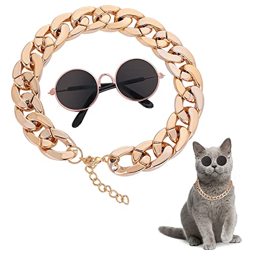 Molain Katzen Sonnenbrille, Katzen UV Schutz Klassische Retro Sonnenbrille für kleine Hunde Puppen runde Sonnenbrille Party Cosplay Kostüm Foto Requisiten (1 Stück runde Brille + 1 Stück Goldkette) von Molain