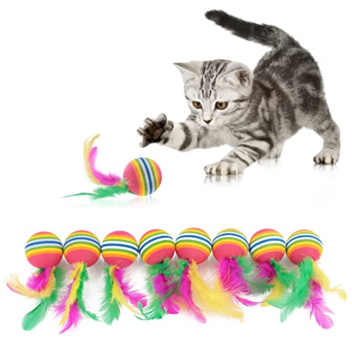 Molain Katzenspielzeug, Bälle mit Feder, Regenbogen-Katzenbälle, interaktives Kätzchenspielzeug, bunte Bälle für drinnen und draußen, Kätzchen, Kätzchen, Kätzchen, Kätzchen, Training, Jagd, mehrfarbig von Molain