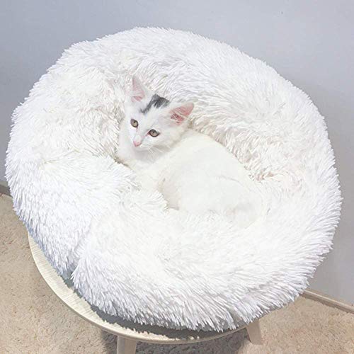 Hundebett für kleine und mittelgroße Haustiere, Kunstfell-Donut-Katzenbett, selbstwärmendes Kätzchen-Sofa, weiches Kissen für verbesserten Schlaf, weiß, 50 cm von Monba