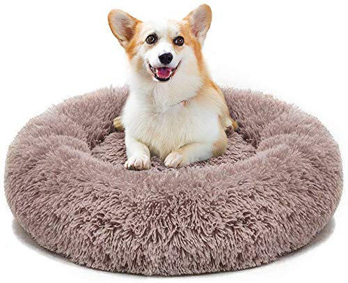 Luxuriöses, weiches Plüsch-Hundebett für kleine, mittelgroße Hunde und Katzen, rundes Haustier-Sofa, beruhigendes Kissen, verdicktes Kissen, wasserdichte Unterseite, Kaffeebraun, 60 cm von Monba