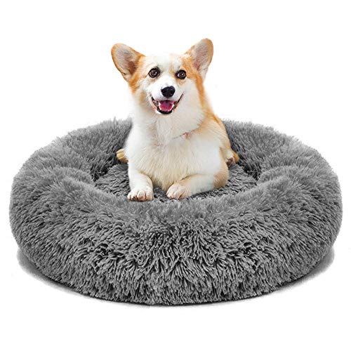 Luxuriöses, weiches Plüsch-Hundebett für kleine und mittelgroße Hunde, Katzen, rundes Haustier-Sofa, beruhigendes Kissen, wasserdichte Unterseite, dunkelgrau, 50 cm von Monba