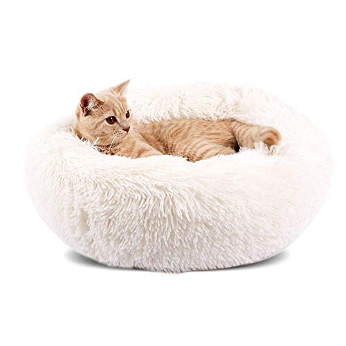 Luxuriöses, weiches Plüsch-Hundebett für kleine und mittelgroße Hunde, Katzen, rundes Haustier-Sofa, beruhigendes Kissen, wasserdichte Unterseite, weiß, 50 cm von Monba