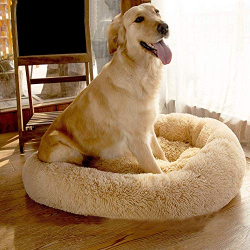 Monba Großes Deluxe-Hundebett aus Plüsch, gemütlich, beruhigendes Haustierbett, selbstwärmendes Hundekissen, rutschfeste Haustiermatte, waschbar, rund, 80 cm, Beige von Monba