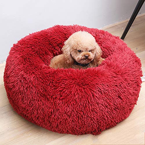 Monba Hundebett, rundes Tierbett für Hunde, in Doughnut-Form, Abnehmbarer Bezug, mit Kissen, flauschig Hundesofa, Waschbar Haustierbett für Hunde und Katzen-70cm-Rot von Monba