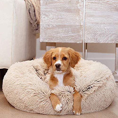 Monba Rundes beruhigendes Haustierbett, weiches Plüsch, Nisthöhle, Deluxe, waschbar, gemütliches Hundekissen, Donut-Kuscheler, Katzensofa, Hundebett für extra große Hunde, Beige, 100 cm von Monba