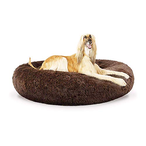 Monba Rundes beruhigendes Haustierbett, weiches Plüsch, Nisthöhle, Deluxe, waschbar, gemütliches Hundekissen, Donut-Kuscheler, Katzensofa, Hundebett für extra große Hunde, braun, 120 cm von Monba