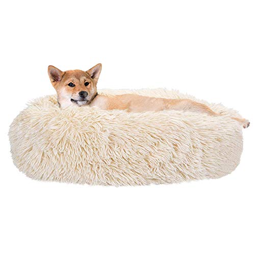 Rundes Haustierbett für Katzen, Welpen und mittelgroße und große Hunde, weiches Plüschkissen, warmes Hundebett, Donut-Kuschel-Sofa, Winterschlafsack, Katzenbett, beige, M: 60 x 60 x 20 cm von Monba