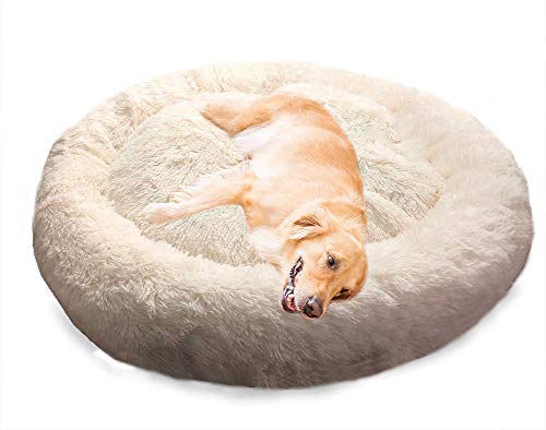 Wärmendes Hundebett, rund, waschbar, mit atmungsaktiver Baumwolle, extra großes Hundesofa, luxuriöses Kunstfell-Donut-Kissen für Hunde, Katzen, Matte, weiß, L 80 cm von Monba