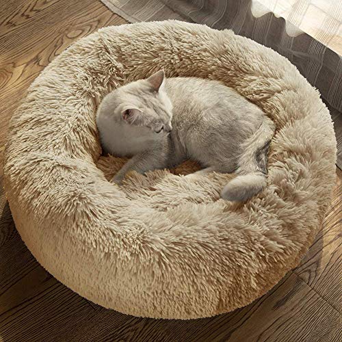 Warmes Hundebett Donut Cuddler Katzenbetten Weich Waschbar Katzenhöhle Waschbar Hundekissen Bequeme Plüsch Hundematte für Große Extra Große Hunde - 100cm Beige von Monba