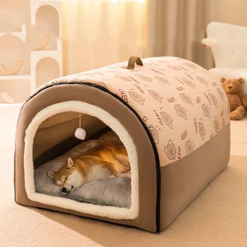 2-in-1-Hundehütte, großes Hundebett mit Anti-Angstzuständen, weiches, warmes Kissen, faltbar, beruhigende Hundehütte, rutschfest, warm, Haustier-Iglu-Bett für Hunde und Katzen, abnehmbar, waschbar von Monbaer