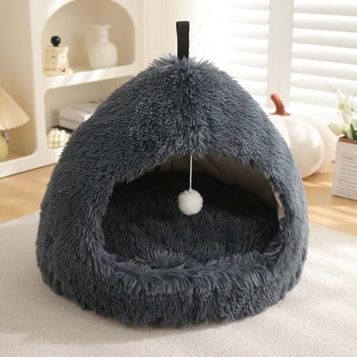 Katzenbett, Iglu-Höhle für Katzen und Hunde, 2-in-1-Dreieck, Haustierzelt, flauschig, Plüsch, beruhigendes Hundebett, Katzennest mit Griff, waschbar, abnehmbares Kissen, L: 58 x 58 x 47 cm, Dunkelgrau von Monbaer