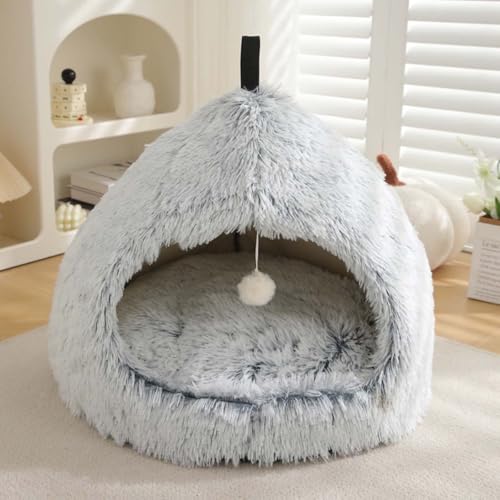 Katzenbett, Iglu-Höhle für Katzen und Hunde, 2-in-1-Dreieck, Haustierzelt, flauschig, Plüsch, beruhigendes Hundebett, Katzennest mit Griff, waschbar, abnehmbares Kissen (XL: 63 x 63 x 50 cm, Hellgrau) von Monbaer