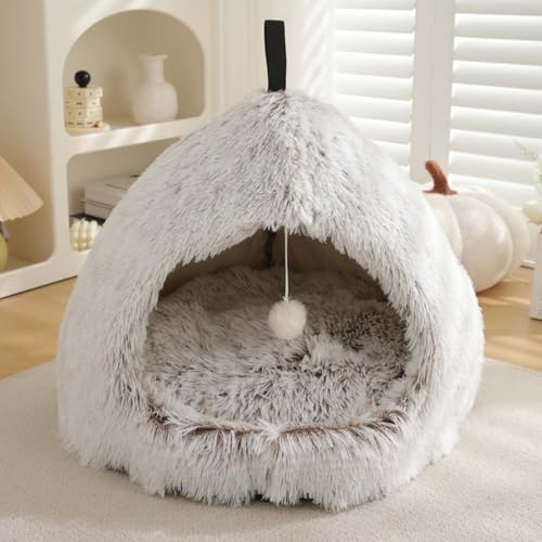 Katzenbett, Iglu-Höhle für Katzen und Hunde, 2-in-1-Dreieck, Haustierzelt, flauschig, Plüsch, beruhigendes Hundebett, Katzennest mit Griff, waschbar, abnehmbares Kissen (XL: 63 x 63 x 50 cm, heller von Monbaer