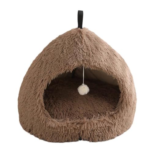 Katzenbett, Iglu-Höhle für Katzen und Hunde, 2-in-1-Dreieck, Haustierzelt, flauschig, Plüsch, beruhigendes Hundebett, Katzennest mit Griff, waschbar, abnehmbares Kissen (XL: 63 x 63 x 50 cm, Braun) von Monbaer