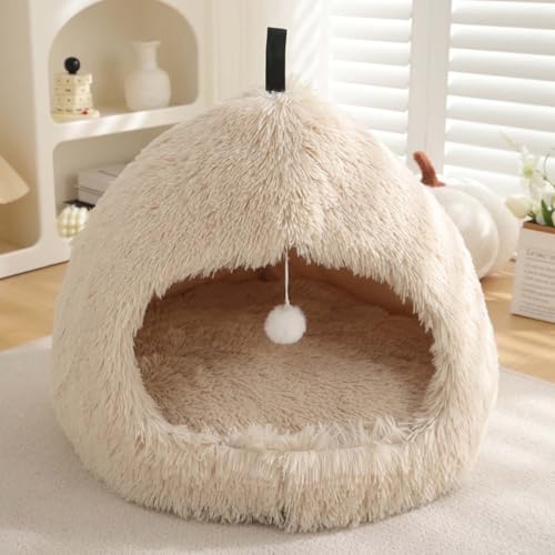 Katzenbett, Iglu-Höhle für Katzen und Hunde, 2-in-1-Dreieck, Haustierzelt, flauschig, Plüsch, beruhigendes Hundebett, Katzennest mit Griff, waschbar, abnehmbares Kissen (XL: 63 x 63 x 50 cm, Beige) von Monbaer