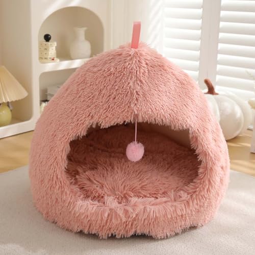 Katzenbett, Iglu-Höhle für Katzen und Hunde, 2-in-1-Dreieck, Haustierzelt, flauschig, Plüsch, beruhigendes Hundebett, Katzennest mit Griff, waschbar, abnehmbares Kissen (XL: 63 x 63 x 50 cm, Rosa) von Monbaer