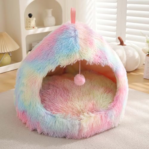 Katzenbett, Iglu-Höhle für Katzen und Hunde, 2-in-1-Dreieck, Haustierzelt, flauschig, Plüsch, beruhigendes Hundebett, Katzennest mit Griff, waschbar, abnehmbares Kissen (XL: 63 x 63 x 50 cm, von Monbaer