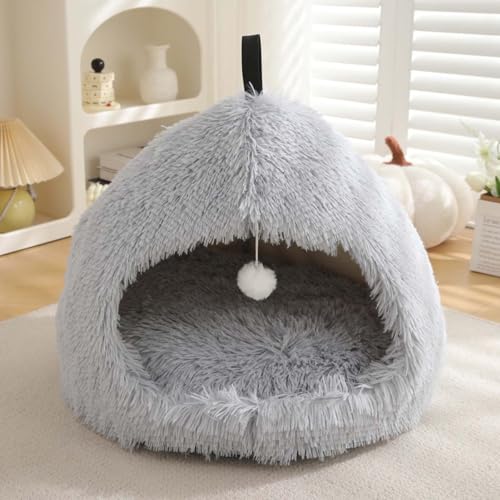 Monbaer Katzenbett für Indoor-Katzen, Welpen, warmes Winter-Katzenhöhlenbett mit abnehmbarem Kissen, Haustier-Iglu-Haus, Tragegriff, rutschfestes Katzen-/Hundenest (M: 51 x 51 x 43 cm, Hellgrau) von Monbaer