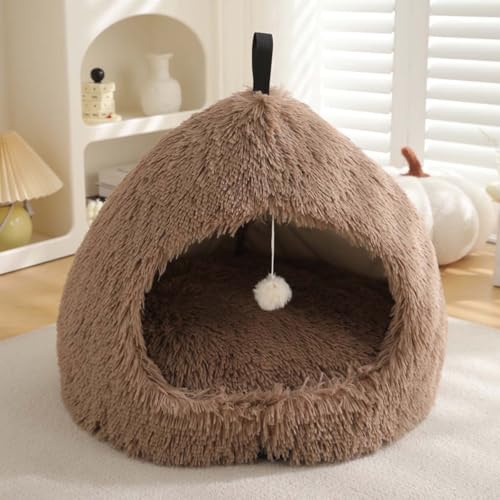 Monbaer Katzenbett für Indoor-Katzen, Welpen, warmes Winter-Katzenhöhlenbett mit abnehmbarem Kissen, Haustier-Iglu-Haus, Tragegriff, rutschfestes Katzen-/Hundenest (M: 51 x 51 x 43 cm, Kaffee) von Monbaer