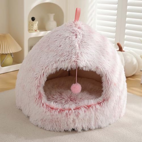 Monbaer Katzenbett für Indoor-Katzen, Welpen, warmes Winter-Katzenhöhlenbett mit abnehmbarem Kissen, Haustier-Iglu-Haus, Tragegriff, rutschfestes Katzen-/Hundenest (M: 51 x 51 x 43 cm, Rosa) von Monbaer