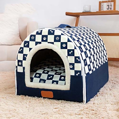 Pet House 2-in-1-Hundehütte, Katzenhöhle, warmes Schlafnest mit abnehmbarem Anti-Angstkissen, gemütliches Iglu-Haus, rutschfestes Haustierbett (L, Marineblau) von Monbaer