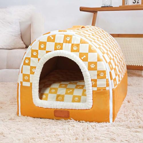 Pet House 2-in-1-Hundehütte, Katzenhöhle, warmes Schlafnest mit abnehmbarem Anti-Angstkissen, gemütliches Iglu-Haus, rutschfestes Haustierbett (XL, Gelb) von Monbaer