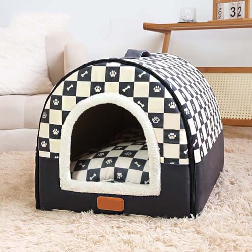 Pet House 2-in-1-Hundehütte, Katzenhöhle, warmes Schlafnest mit abnehmbarem Anti-Angstkissen, gemütliches Iglu-Haus, rutschfestes Haustierbett (XL, Schwarz) von Monbaer