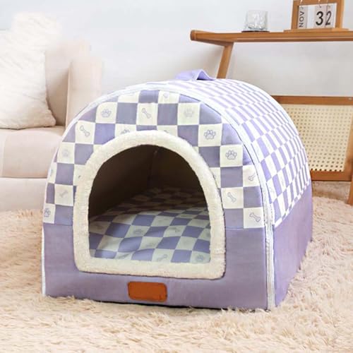 Pet House 2-in-1-Hundehütte, Katzenhöhle, warmes Schlafnest mit abnehmbarem Anti-Angstkissen, gemütliches Iglu-Haus, rutschfestes Haustierbett (XL, Violett) von Monbaer