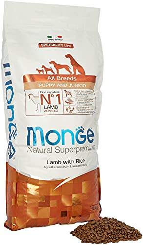 Monge Natural Superpremium Puppy and JUNIOR Lamb and Rice, Hundefutter für alle Rassen (Welpenfutter, Trockenfutter für Hunde mit Lamm & Reis, sehr Ballaststoff- & Vitaminreich, 12 kg) von Monge