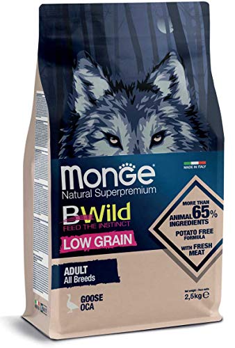 Monge BWILD Adult Goose, Hundefutter für alle Rassen (Trockenfutter für Hunde mit Gänsefleisch, Hunde Trockenfutter mit wenig Getreide, sehr Ballaststoff- & Vitaminreich, Inhalt: 12 kg) von Monge