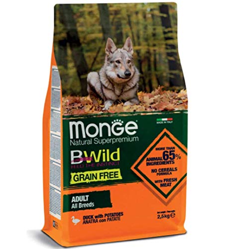 Monge BWILD Adult Lamb, POTATOS and PEAS, Hundefutter für alle Rassen (Trockenfutter für Hunde mit Lamm, Kartoffeln & Erbsen, wenig Getreide, sehr Ballaststoff- & Vitaminreich, Inhalt: 2,5 kg) von Monge